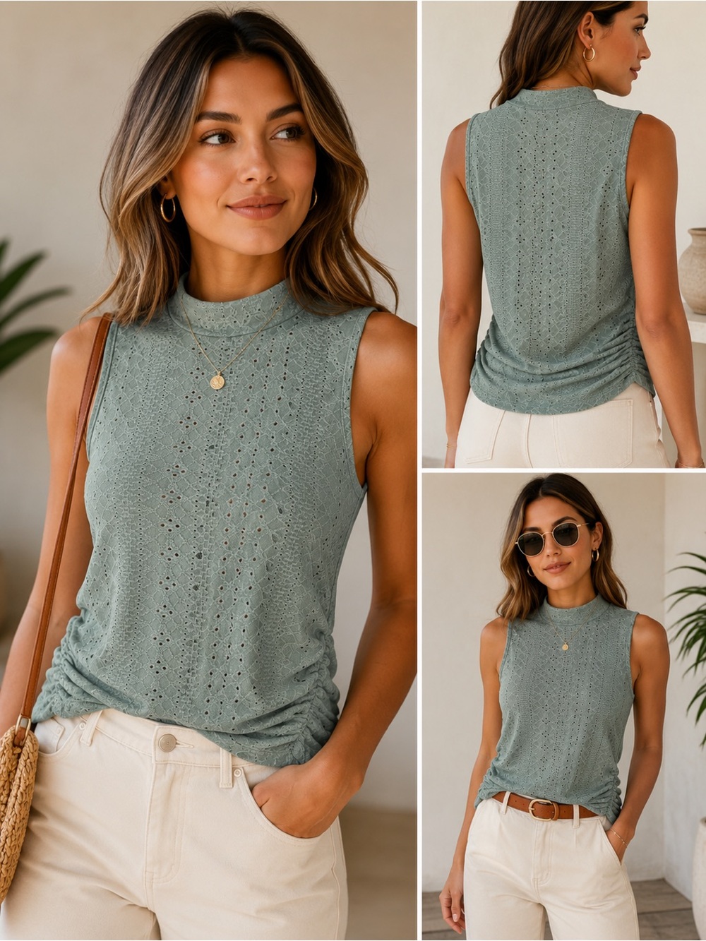 Sage Green Eyelet Mock Neck Sleeveless Top Ruched Side Detail Size S